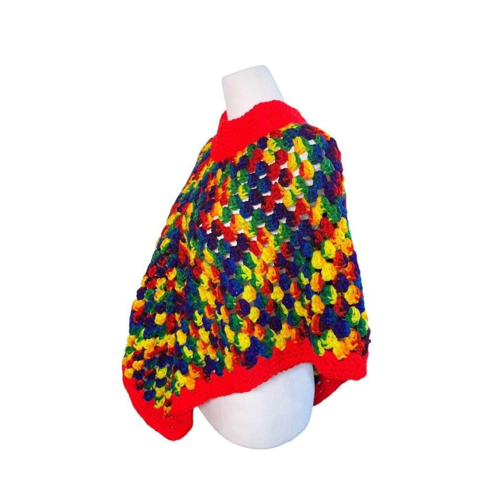 Vintage 70s Crochet Poncho Kids Rainbow Chunky Knit Boho Handmade Cape - Picture 7 of 10